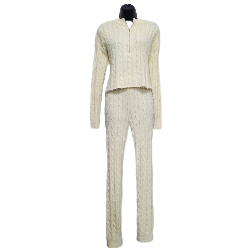 Fashion Nova Cream Fuzzy Cable Knit Women's 2Pc Top & Bottom Size 2XL